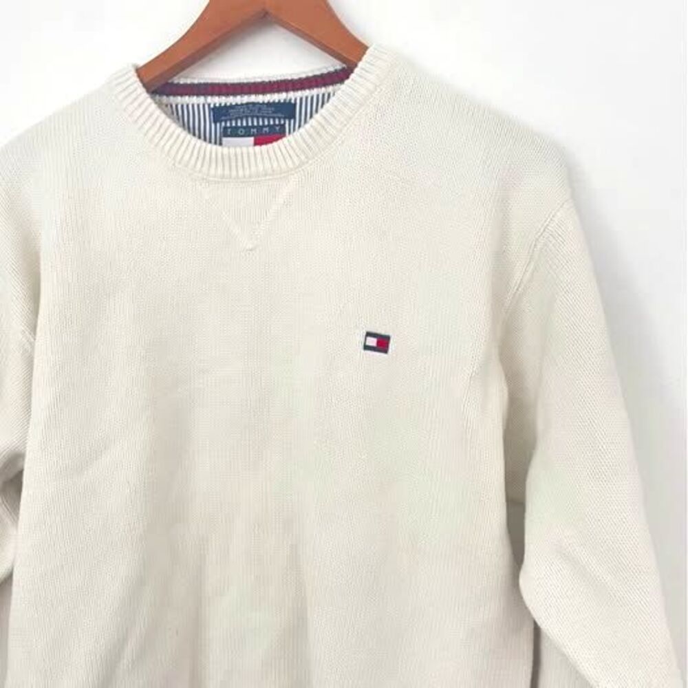Tommy Hilfiger Men’s VTG 100% Cream Cotton Knit Crewneck Pullover Sweater Preppy